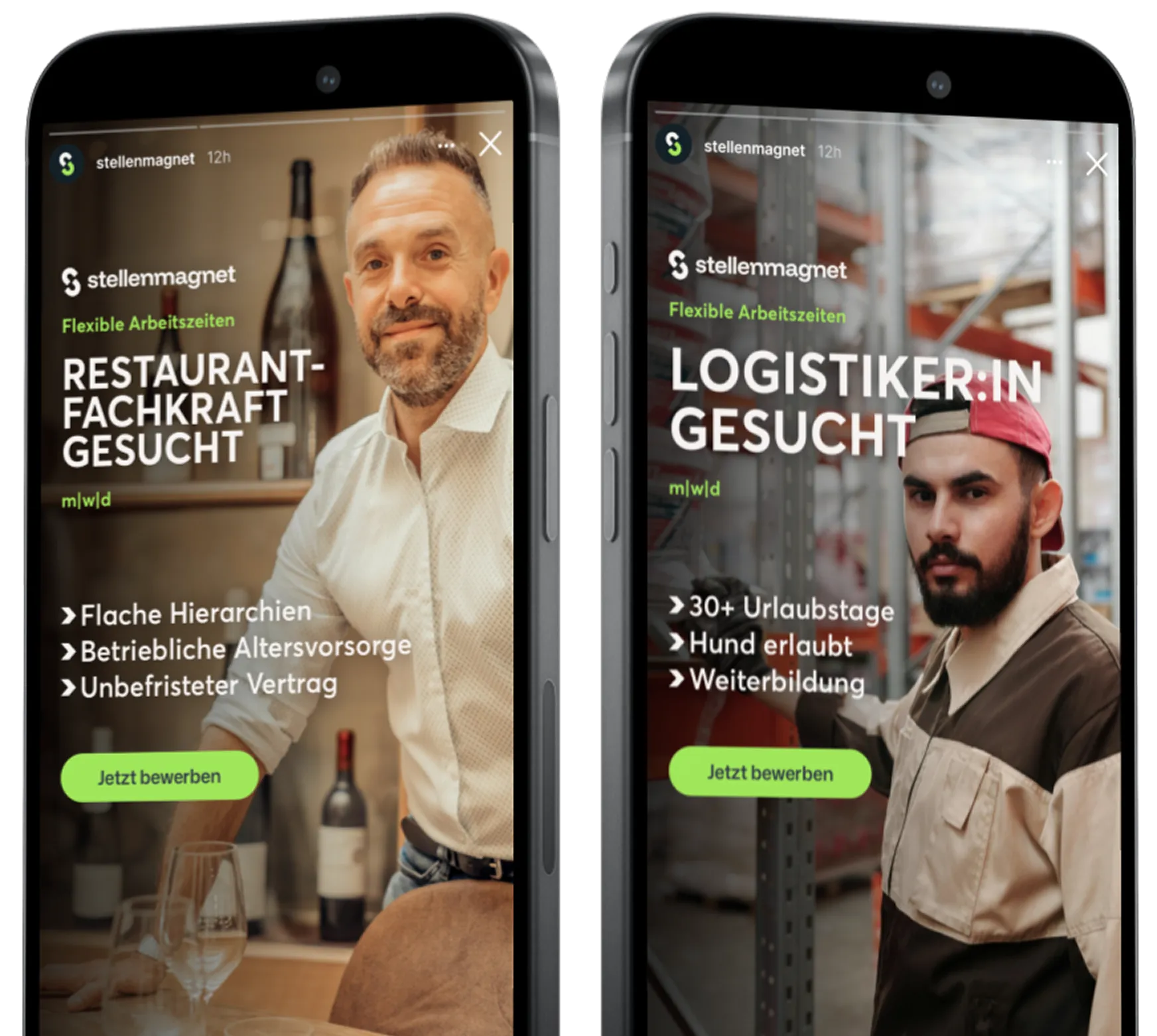 Stellenmagnet Werbeanzeigen auf Instagram Story — drei iPhone Mockups